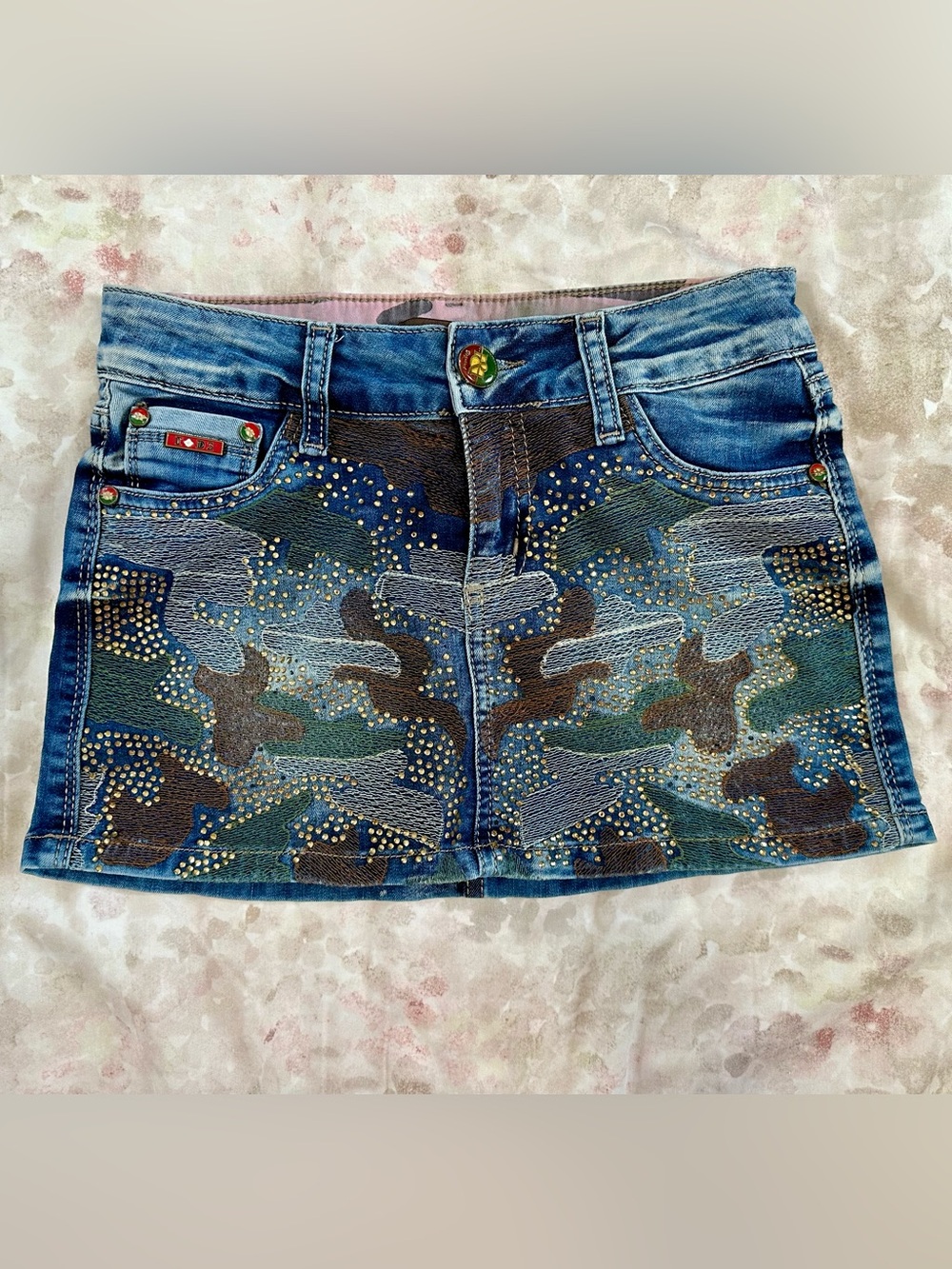 DSQUARED Denim Mini Skirt with Camouflage Stud Detailing